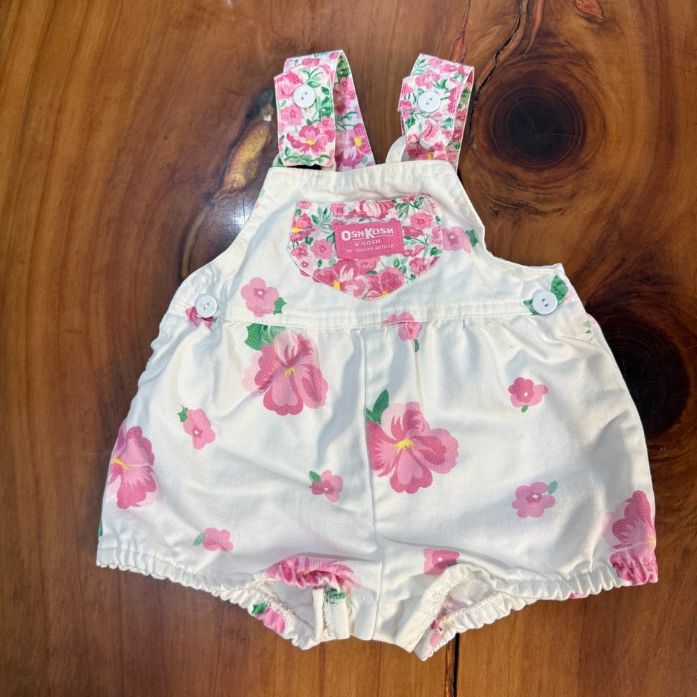Vintage Oshkosh Overalls Denim 12M Cotton USA Floral Short Shortalls Bubble N24